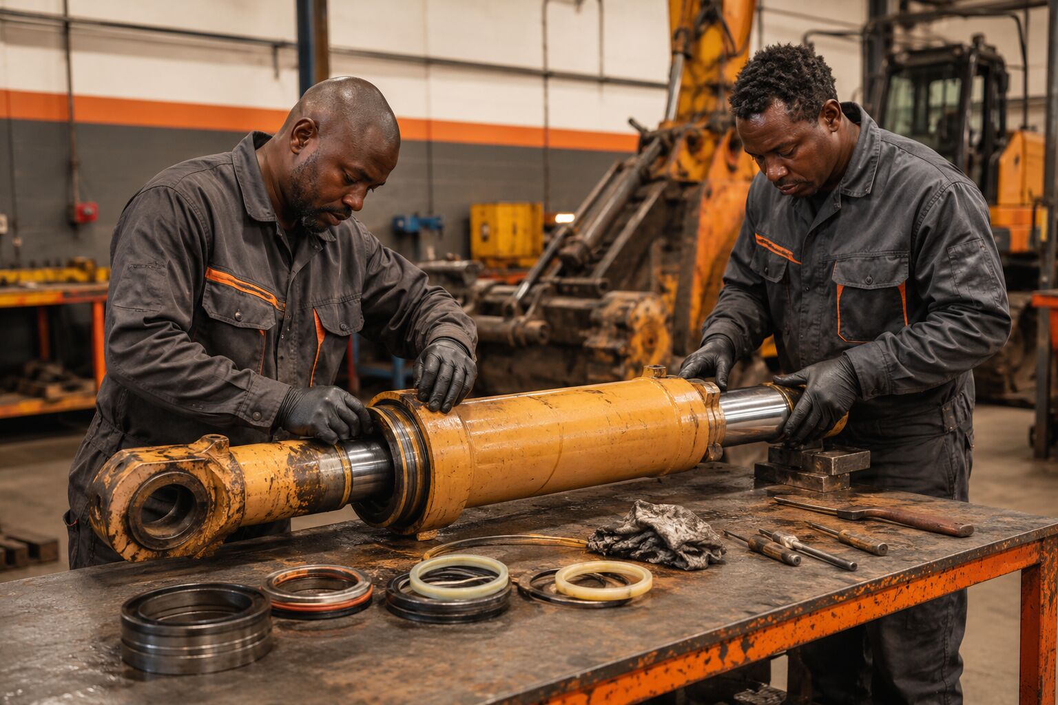 Technicians repairing an excavator hydraulic cylinder