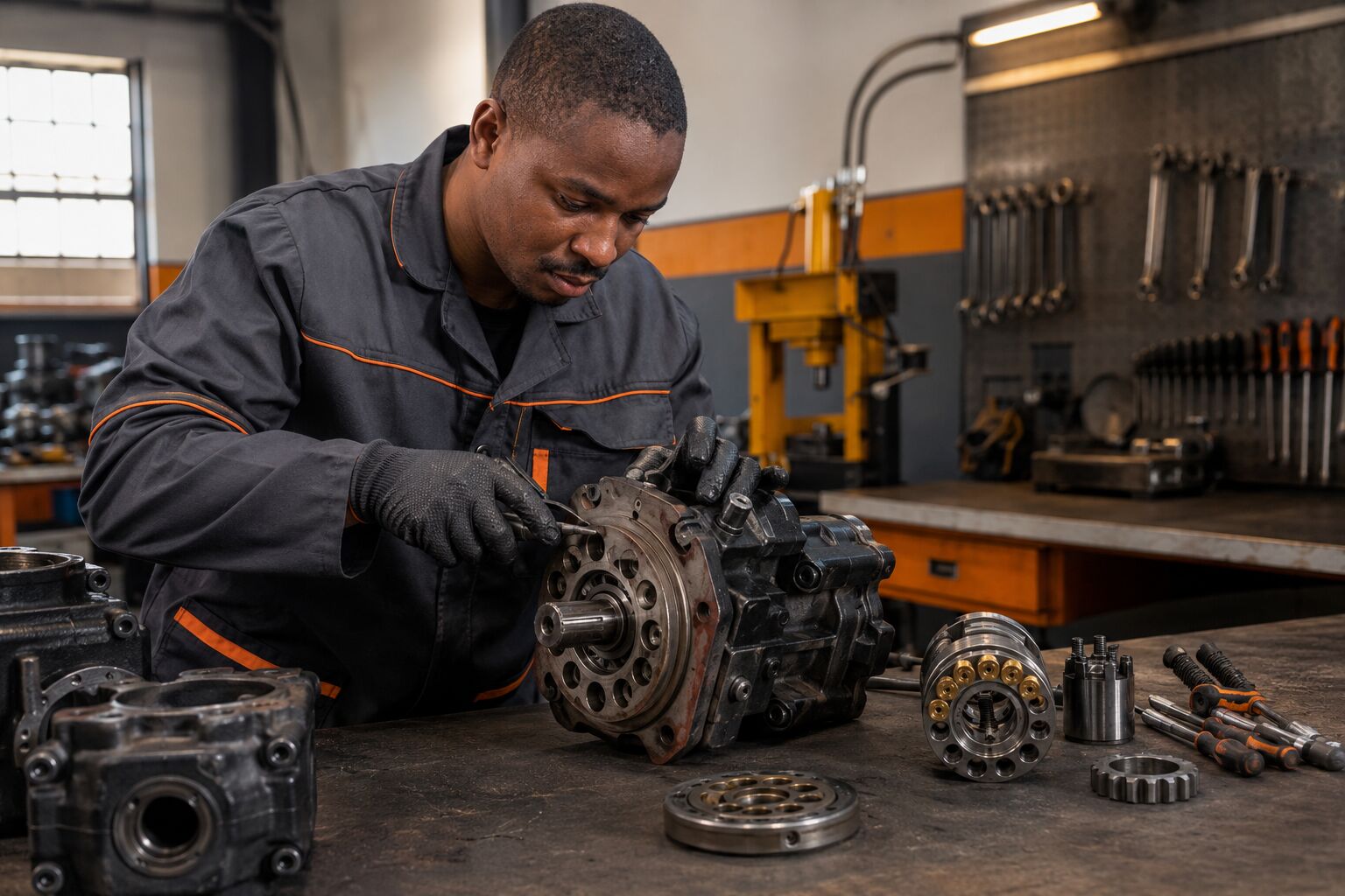 Technician repairing a heavy-duty hydraulic pump