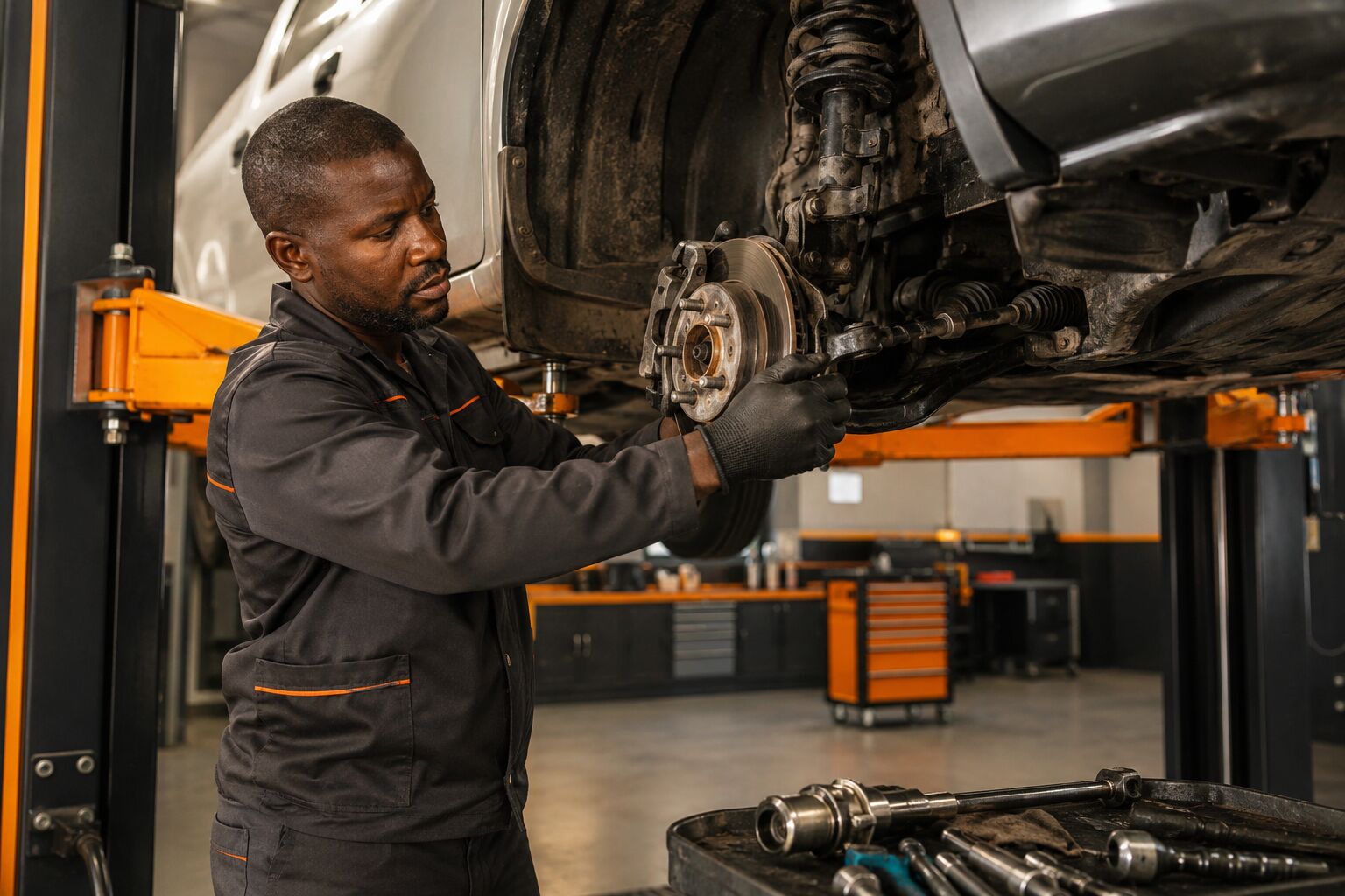 Mechanic repairing a vehicle steering and braking system