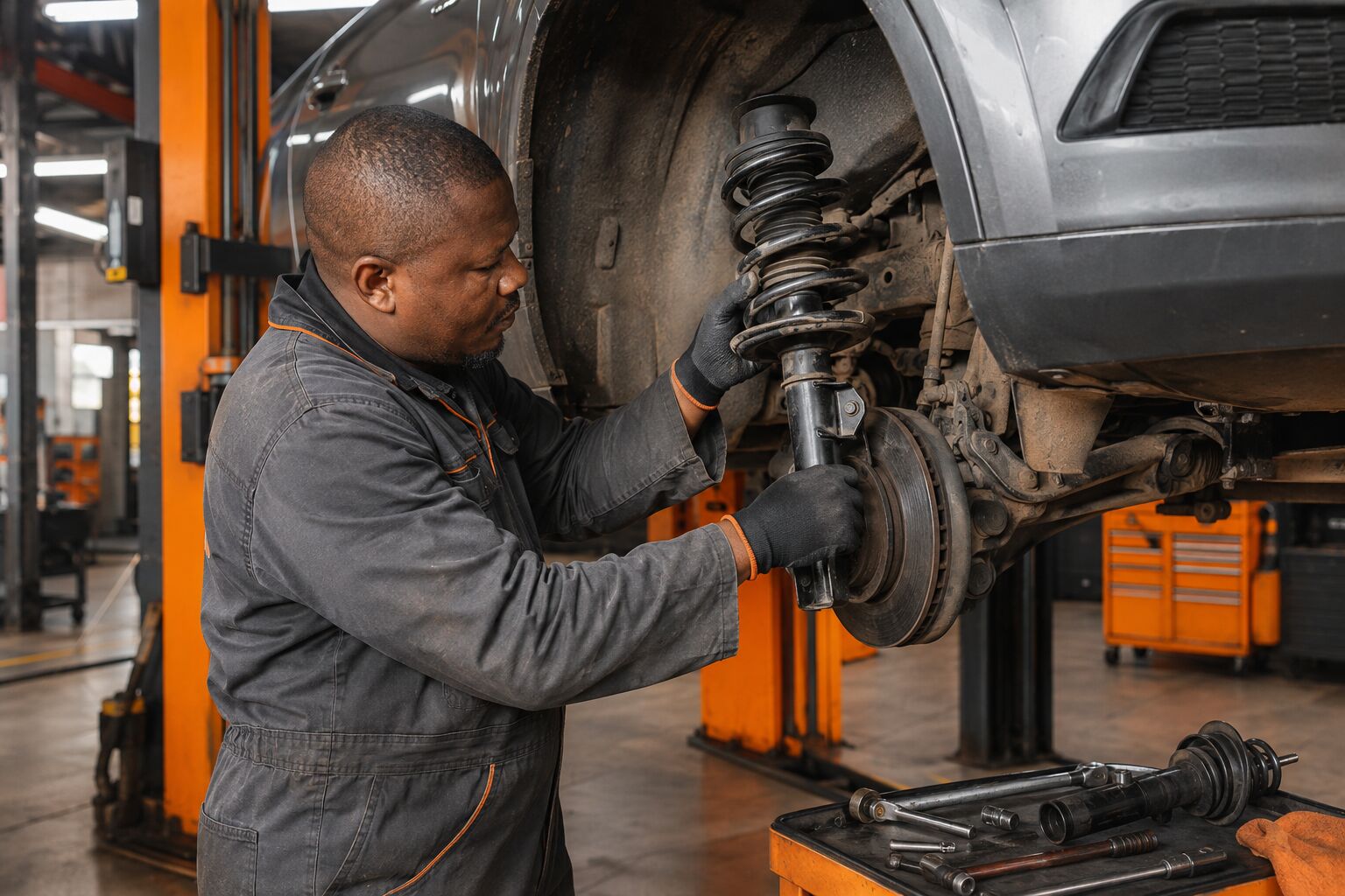 Mechanic repairing a vehicle suspension system