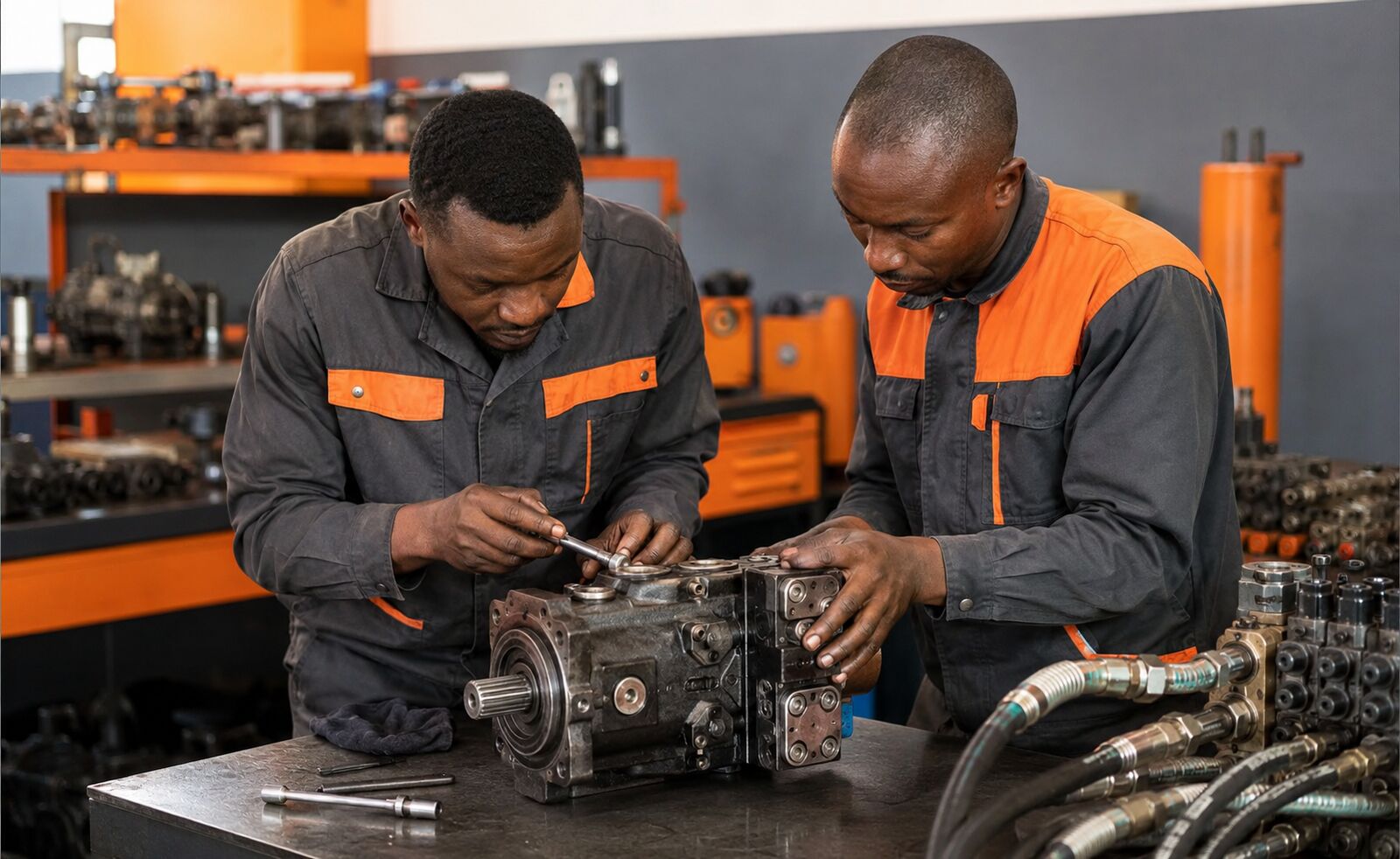 Mega Technics technicians repairing a heavy-duty hydraulic pump