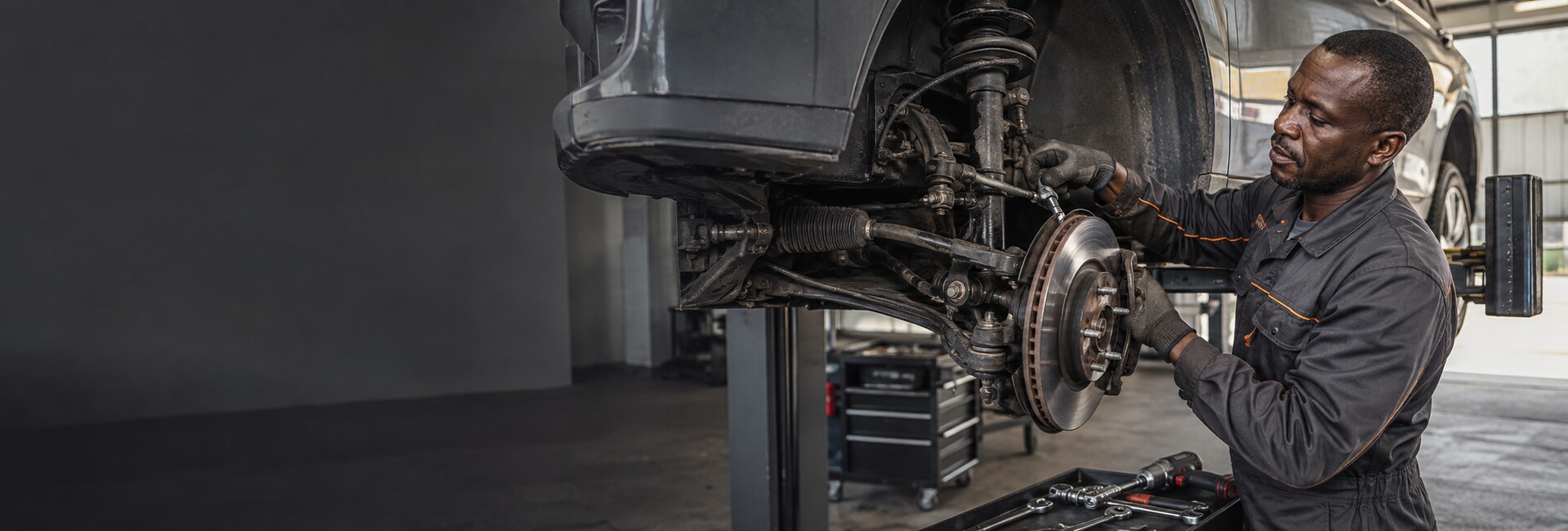 Mechanic servicing a vehicle steering, braking and suspension system
