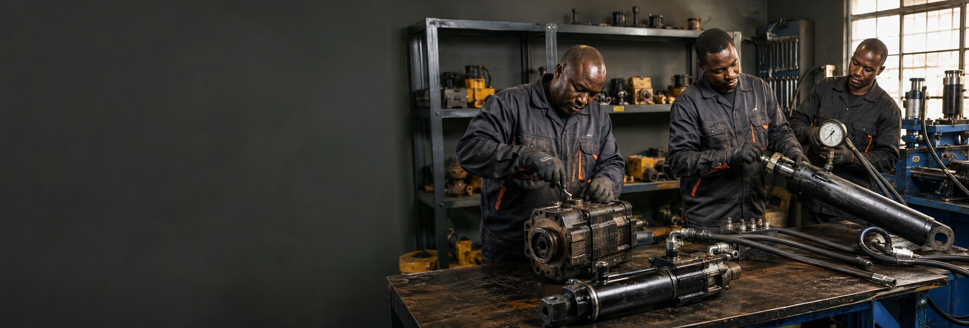 Hydraulic workshop team repairing pumps, rams and pressure systems